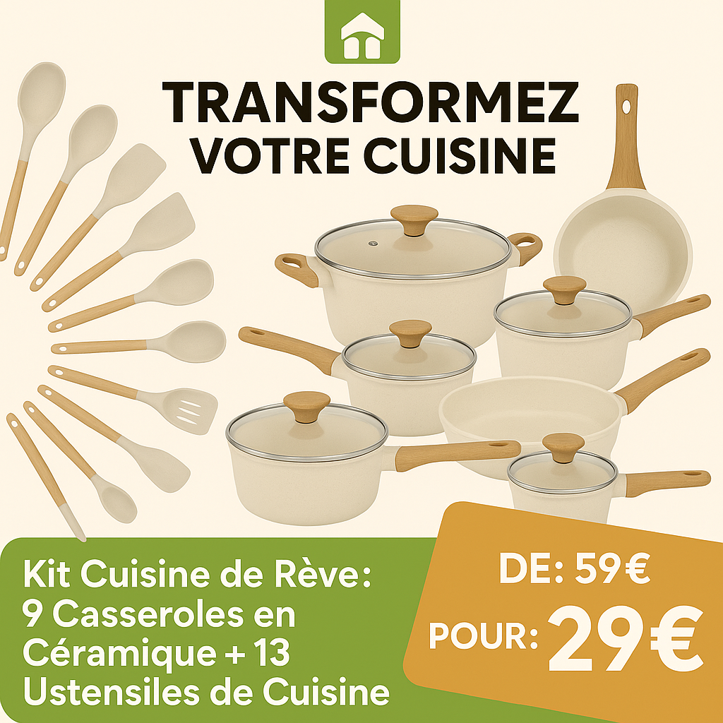 Kit Cuisine des Rêves : Batterie 9 Pièces en Céramique + 13 Ustensiles Offerts