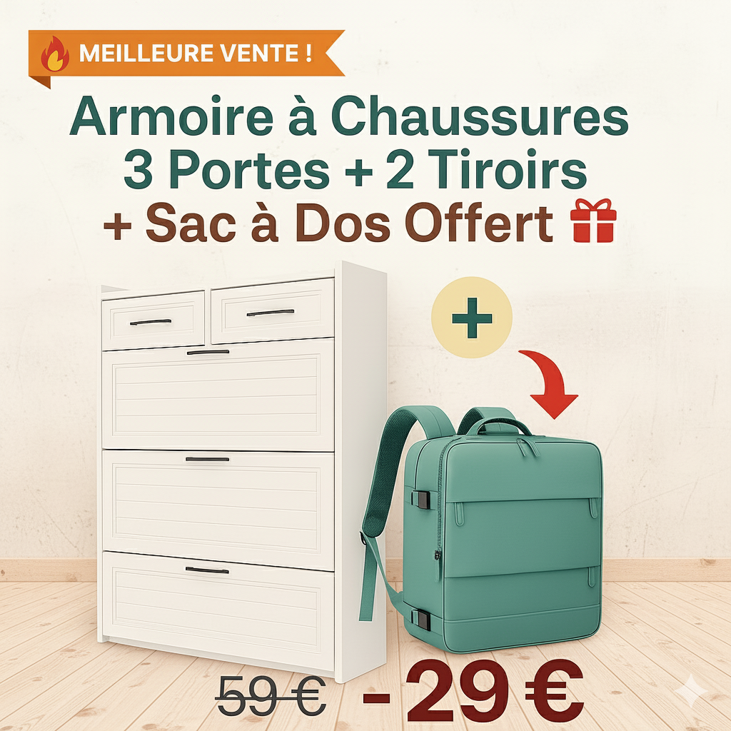 🔥 Meilleure Vente ! Armoire à Chaussures 3 Portes + 2 Tiroirs + Sac à Dos Offert 🎁